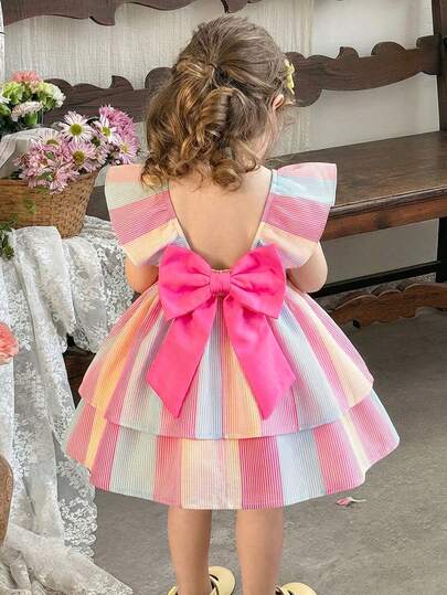 LMoss Kids Vestido de niña bebé con cuello cuadrado tejido, mangas cortas, rayas y lazo