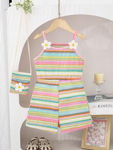 SHEIN Sparklyn Young Girls Multicolor Stripe Crochet Cami Shorts Romper Vacation Outfit - Multicolor - View 3