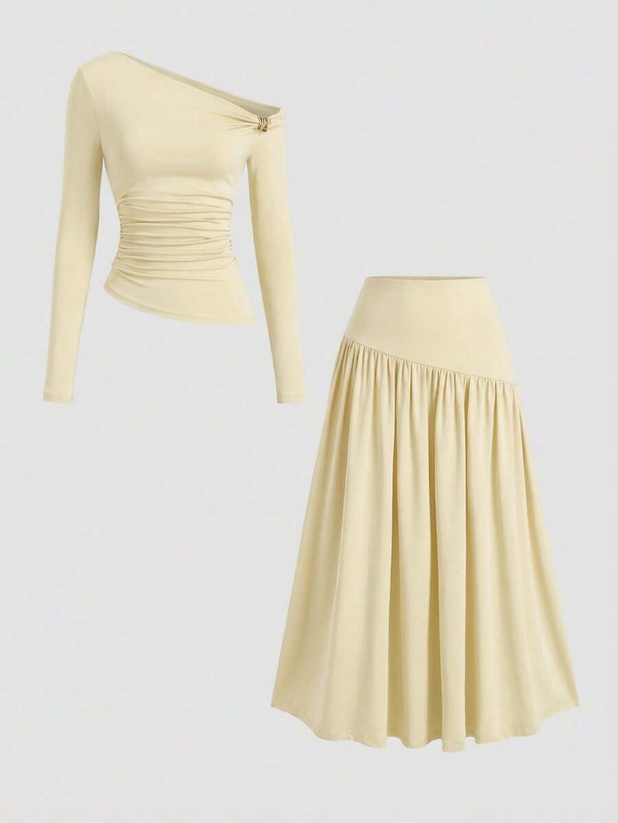 Sweetra Spring/Summer New Arrival Boat Neck Pleated Asymmetric Hem Top & Long Skirt Set, Fashionable Casual - Light Yellow - View 1