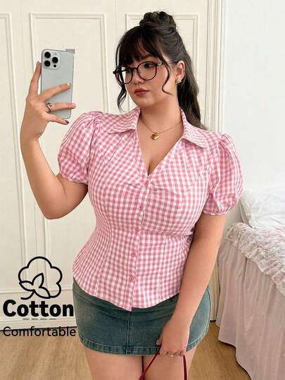 CovetEZ Plus Size Pink & White Plaid Short Puff Sleeve Single-Breasted Collar Casual Shirt, Spring/Summer Pink Plaid Top, Summer Blouse