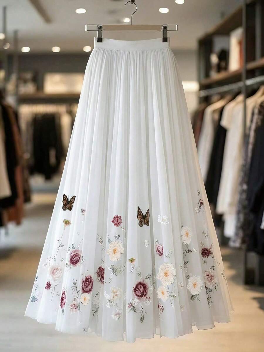 Franclia Chân váy dài chữ A bằng vải tuyn màu hồng nhạt với họa tiết hoa hồng và bướm cổ điển - Eo thoải mái, bồng bềnh và thanh lịch như chân váy nàng tiên. - trắng - Xem 1