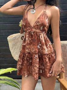 Sunnyshic Đầm nữ phong cách thường ngày, họa tiết paisley retro, hở lưng, dây buộc, cổ nơ, thích hợp cho kỳ nghỉ và đi chơi, mùa xuân/hè. - Màu Cam cháy - Xem 5