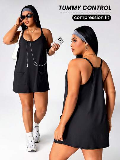 Rhythm Era Plus Size Women Solid Color Loose Strap Sports Dress, 2 In 1 Look Sport Dress With Pockets Short Black Dress Athletic Dress