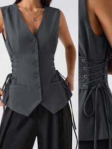 LYSMO 2026新款极简春夏女装纯色侧系腰修身吊带背心/度假/波西米亚风/性感/休闲外套/简约/休闲侧系腰修身吊带背心/夏季/夏季上衣/春季穿着/春假/生日/女士休闲外套/优雅/休闲/女士度假/Y2K/2000年代风格/灰色上衣 - 灰色 - 查看 3