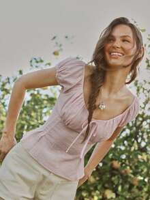 WESTFADE 褶裥短花瓣袖圆领上衣 - 淺粉色 - 查看 5