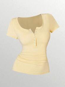 2026 Nuevo 3 piezas Camisetas de manga corta casuales y versátiles de unicolor con pliegues para mujer - Multicolor 10 - Ver 9