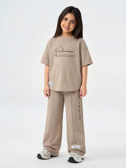 SHEIN Casual Printed Letter Jacquard Loose Pants Set, Relaxed Style Suitable For Outdoor, Sports, Vacation, Older Girls