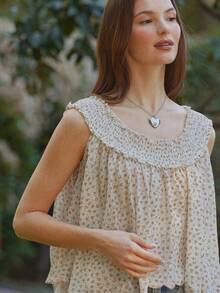 WESTFADE 褶皱领无袖刺绣扇形花边碎花荷叶边飘逸娃娃衫吊带背心，可爱不对称，手帕下摆，春季、度假装、夏季、休闲、波西米亚风、假期、海滩、纳什维尔、牛仔风、西部服饰、音乐节、乡村音乐节、科切拉音乐节 - 白色 - 查看 5