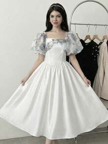 Đầm ngắn tay phối màu tương phản thời trang thanh lịch dành cho thiếu nữ - trắng - Xem 7