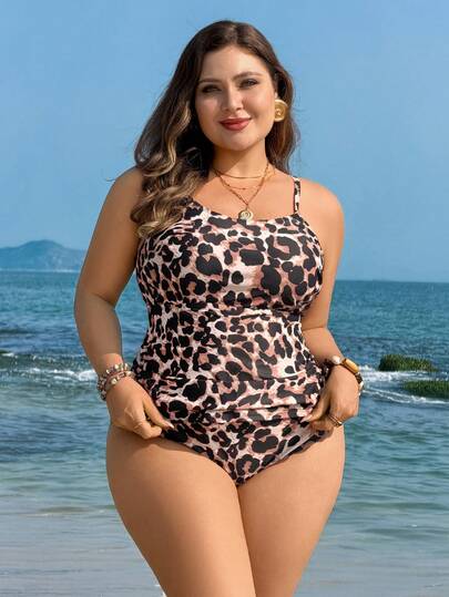Swim Lushoire 2026 New Plus Size Women Leopard Print Tankini Swimsuit