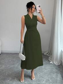 SHEIN PETITE Váy xanh lá cây cho nữ, váy mùa hè, váy thanh lịch, trang phục đi nghỉ mát cho nữ, váy thường ngày. - màu xanh lá - Xem 4