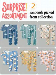 SHEIN [Bộ 6 món, giao ngẫu nhiên 2 món] Bộ đồ ngủ bé trai, hàng mới về mùa xuân/hè, các họa tiết thời trang bán chạy bao gồm cá mập, sao biển, rùa, hà mã, chất liệu vải dệt kim co giãn cao, tay ngắn và quần dài, bộ 2 áo + 2 quần (giao ngẫu nhiên) - Nhiều màu - Xem 3