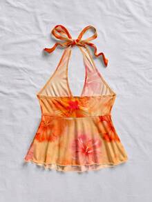 Soleia Blusa de tirantes con cuello halter, fruncida y con estampado floral, para vacaciones y uso casual - Multicolor - Ver 2