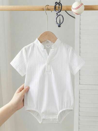 SHEIN Baby Boy/Girl Casual Daily Wear Mandarin Collar Snap-Up Romper, Suitable For Spring & Summer Indoor/Outdoor
