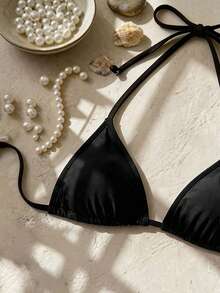 Swim SXY 2026新款基础款夏季沙滩度假两件套，女士挂脖比基尼上衣 - 黑與白 - 查看 5