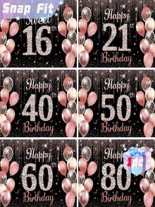 1件“生日快乐”背景横幅，黑色/银色/玫瑰金，适用于16岁、21岁、40岁、50岁、60岁、80岁生日派对装饰，拍照道具，闪光气球 - 彩色 - 查看 1