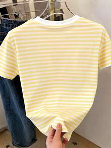 Resyla 女士户外休闲运动T恤，夏季新品，户外休闲服，甜蜜约会装，黄色，柠檬黄，图案设计，多色条纹印花，柠檬水果印花，返校季，教师节，女士短袖T恤 - 彩色 - 查看 2