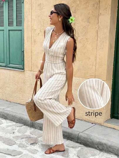 SHEIN Frenchy Sleeveless Striped V Neck Jumpsuit For Women – Summer Casual Wide Leg One Piece Women's Summer Casual Striped Deep V-Neck Wide Leg Jumpsuit,Summer ,Spring,Festival,Party , Birthday,Beach,Vacation,Casual,Wedding,Graduation, Going Out, Elegant,