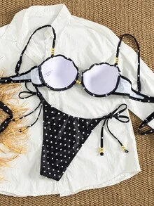 Bonvoyette Bộ bikini cúp ngực họa tiết chấm bi đen trắng gợi cảm cho kỳ nghỉ hè - Đen và trắng - Xem 5