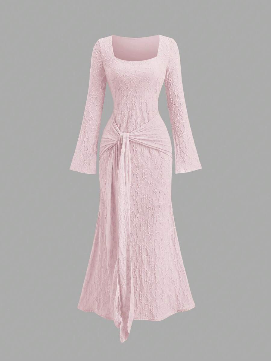 Sweetra Vestido de manga larga con cuello cuadrado de unicolor, nuevo vestido sexy con cordones de primavera/otoño - Rosa Pálido - Ver 1