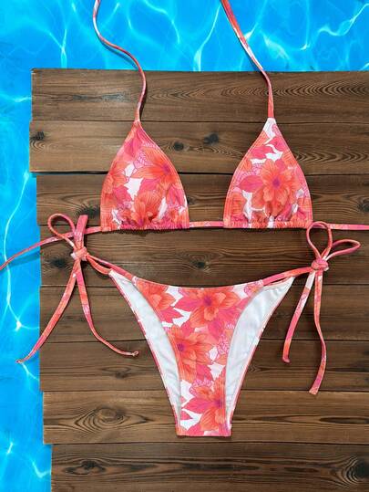 Swim Mod 2026春夏女式吊带露背橙粉色随机碎花甜美可爱侧系带比基尼两件式泳衣