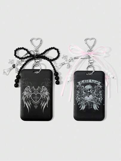 ROMWE Kawaii 2款全新Y2K甜美酷炫个性化复古暗黑风哥特手工串珠白色仿珍珠黑色树脂圆珠粉色流苏蝴蝶结亮钻镂空十字架黑色骷髅头骨印章心形恶魔翅膀印花亚克力滑动卡套校园卡套星空卡套，旅行交通卡套，身份证卡套DIY钥匙扣配件包包挂件，组合套装，适合上班族、学生、派对、追星族、情侣、姐妹、日常佩戴、节日礼物