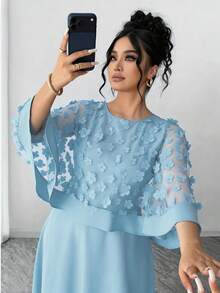 Elenzga 大码女式圆领贴花时尚连衣裙，适合秋季婚礼、生日派对及其他活动 - 藍色 - 查看 5