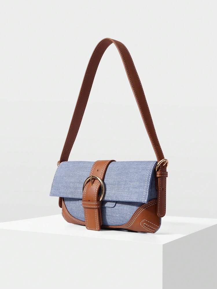 WOMEN'S FLIP SHOULDER BAG, VINTAGE BLUE SPLICING DESIGN, SIMPLE AND PORTABLE, SUITABLE FOR GIRLS, LADIES, COMMUTING, SCHOOL, SHOPPING