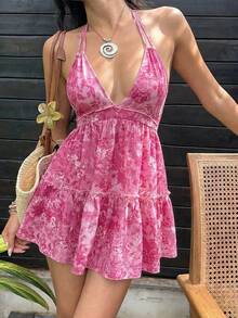 Sunnyshic Đầm nữ phong cách thường ngày, họa tiết paisley retro, hở lưng, dây buộc, cổ nơ, thích hợp cho kỳ nghỉ và đi chơi, mùa xuân/hè. - Màu Hoa hồng đỏ - Xem 1