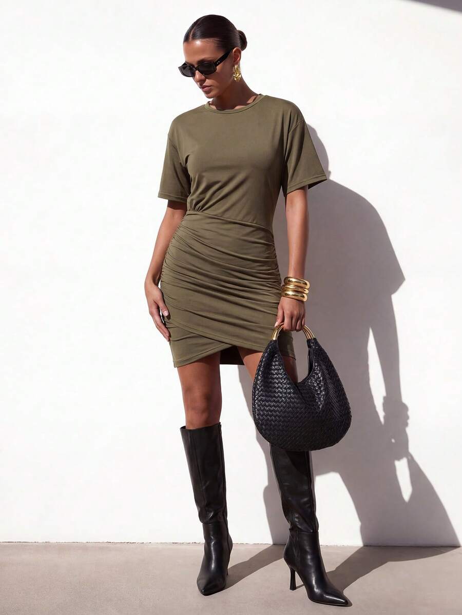 Zivah Women's Olive Green Summer Casual Date Ruched Mini Dress,Round Neck Short Sleeve Minimalist College Style Street Fashion Music Festival Talk Dress