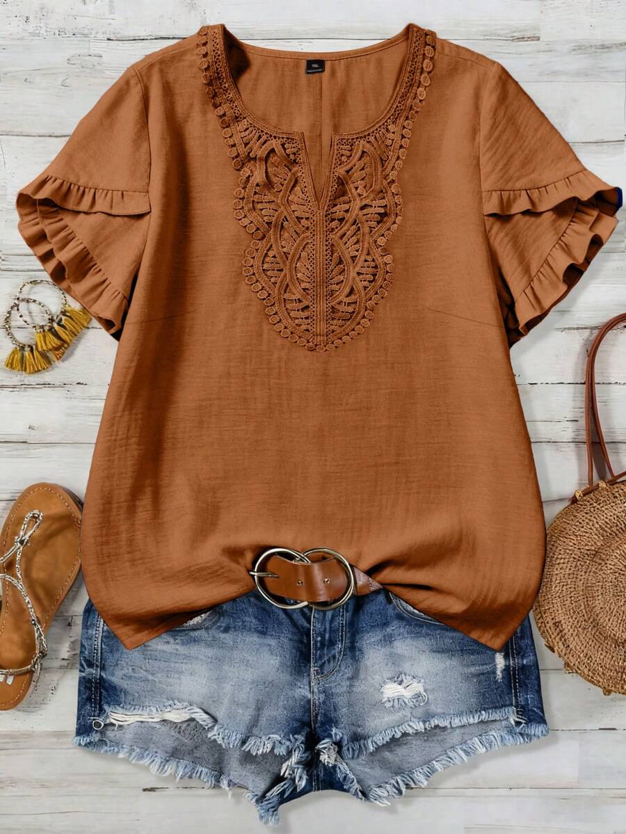Linhara Grande chemise décontractée d'été en tissu tressé pour femmes - Orange - View 1