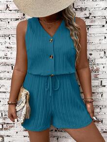 EMERY ROSE Plus Size Women V-Neck Casual Everyday Romper - Blue - View 3