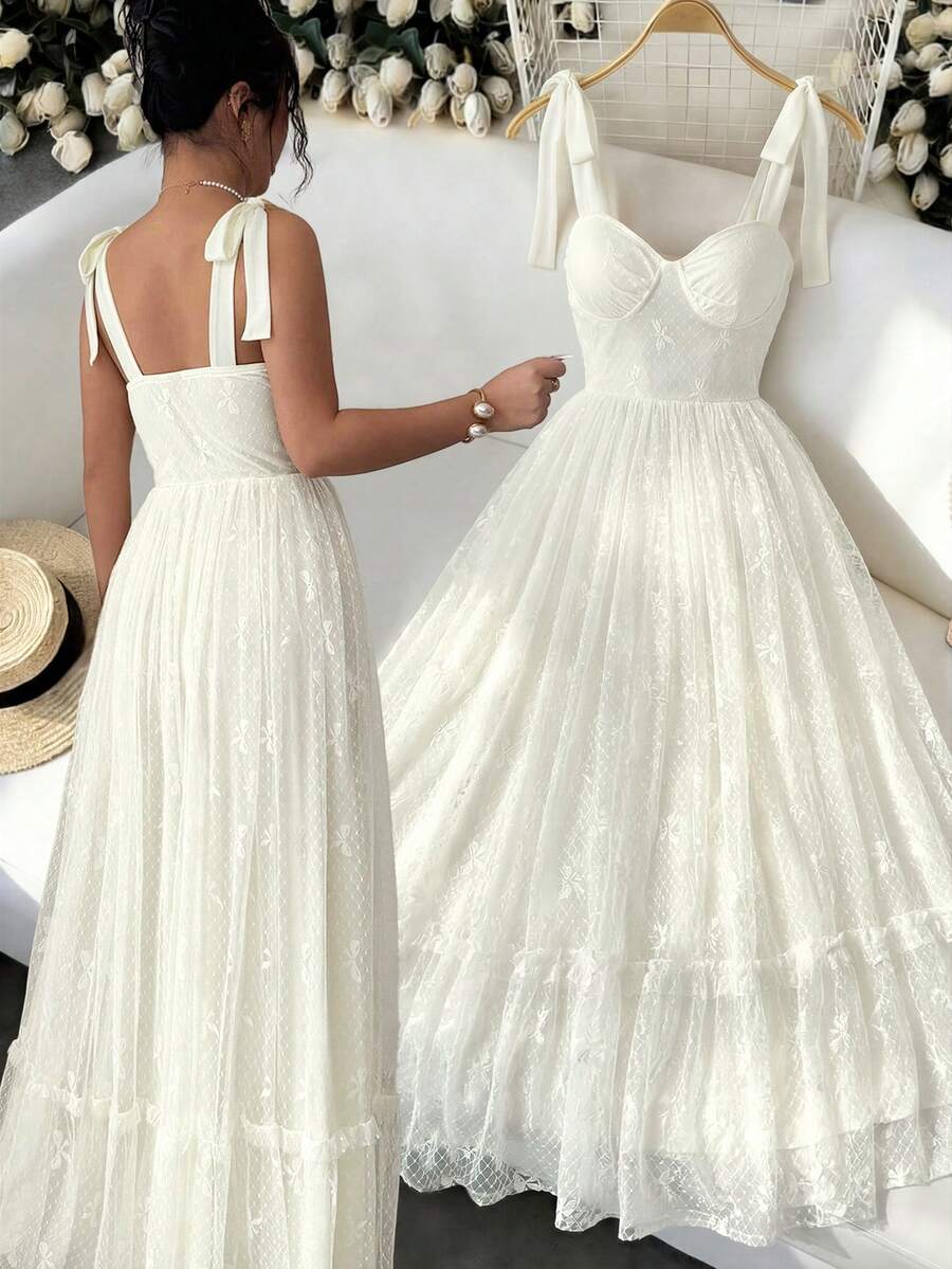 Elenzga 女士吊带系带收腰A字优雅浪漫精致蕾丝连衣裙 - 杏色 - 查看 1