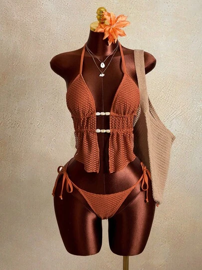 Zestiva Bộ đồ bơi 2 mảnh dành cho nữ, trang phục đi biển thanh lịch, thoải mái, gồm áo cổ yếm khoét rỗng có họa tiết, dây đeo lưng và quần buộc dây bên hông, thích hợp cho bãi biển, khu nghỉ dưỡng và tiệc tùng.