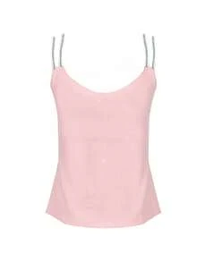 Breezaya Women's Pink Casual Knitted Fabric Regular Cami Top With Rhinestone Spaghetti Strap Neckline - Pink - View 2