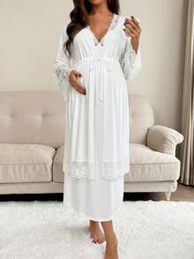 Conjunto de 2 piezas: Vestido camisero deunicoloro con parches de encaje y chaqueta de lactancia de manga larga - Blanco - Ver 7