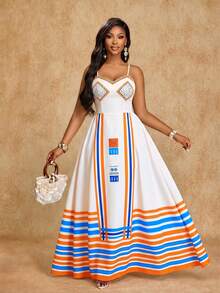 Brilight 女士时尚度假连衣裙，宽松A字廓形，条纹印花，波西米亚风格。适合婚礼季、节日、毕业季、情人节、派对等各种场合。春夏连衣裙。 - 薄荷藍 - 查看 4