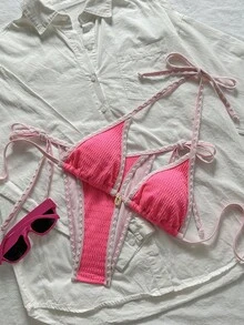 Swim Mod 女士夏季沙滩拼接露背系带性感比基尼和三角泳裤套装 - 彩色 - 查看 1