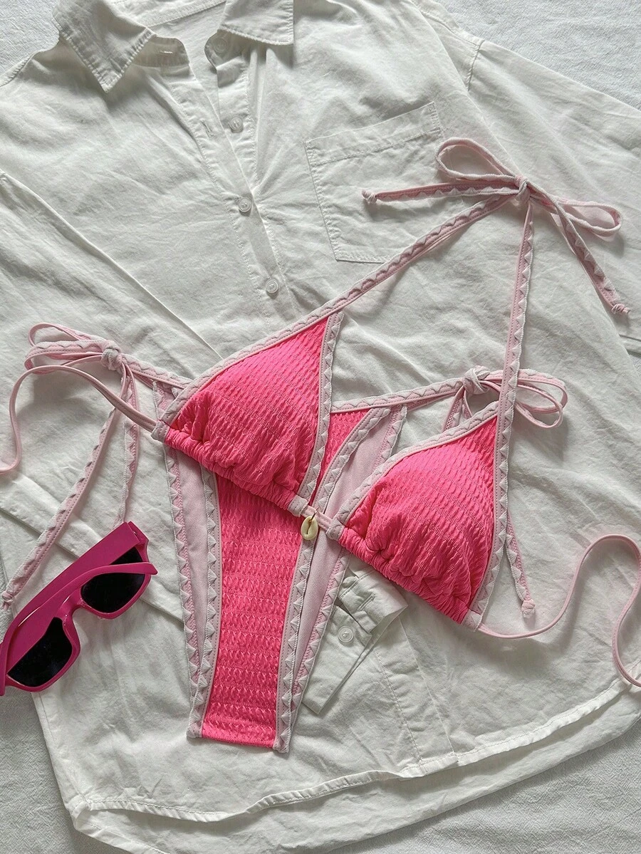 Swim Mod 女士夏季沙滩拼接露背系带性感比基尼和三角泳裤套装 - 彩色 - 查看 1