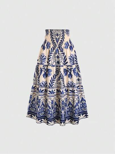 Sweetra Women's Vacation Plant Pattern Loose Maxi Skirt