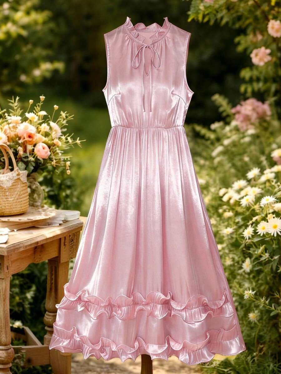 Modelyn Women's French Style Pink Satin Stand Collar Tie-Waist Double Ruffle Hem Sleeveless Dress - Pink - View 1