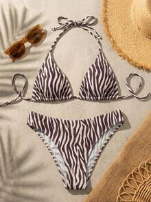 Swim Mod Women's New Zebra Print Sexy Halter Low-Waist Triangle Bikini Set, Summer - Multicolor - View 3
