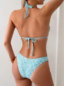 SHEIN Swim 女士夏季沙滩印花露背系带性感比基尼套装，随机印花 - 彩色 - 查看 2