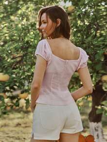 WESTFADE 褶裥短花瓣袖圆领上衣 - 淺粉色 - 查看 6