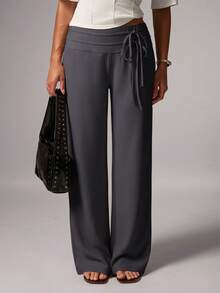 Avenya Women's Solid Color Drawstring Waist Casual Versatile Wide Leg Pants For Daily Wear Travel Gray Summer - Grey - View 3