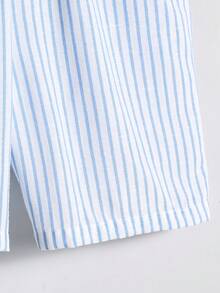 2pcs/Set Boys' Casual Striped Half-Placket Shirt Outfit, Suitable For Daily, Vacation, School And Other Occasions - Blue - View 7