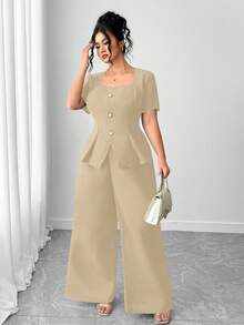 Elenzga 大码女装两件套：纹理短袖上衣和直筒裤 - 卡其色 - 查看 4