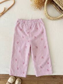 Baby Girls' Cute Minimalist Bow Striped Print Casual Pants, Suitable For Outdoor Spring/Autumn - Pink - View 2