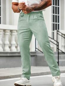 Calvornis Men's Solid Color Pleated Straight-Leg Loose Fit Suit Pants For Ceremony - Green - View 3
