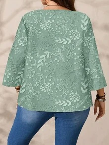 EMERY ROSE Plus Size Women Casual All-Over Print Round Neck Loose 3/4 Sleeve Shirt, Autumn/Winter - Green - View 3